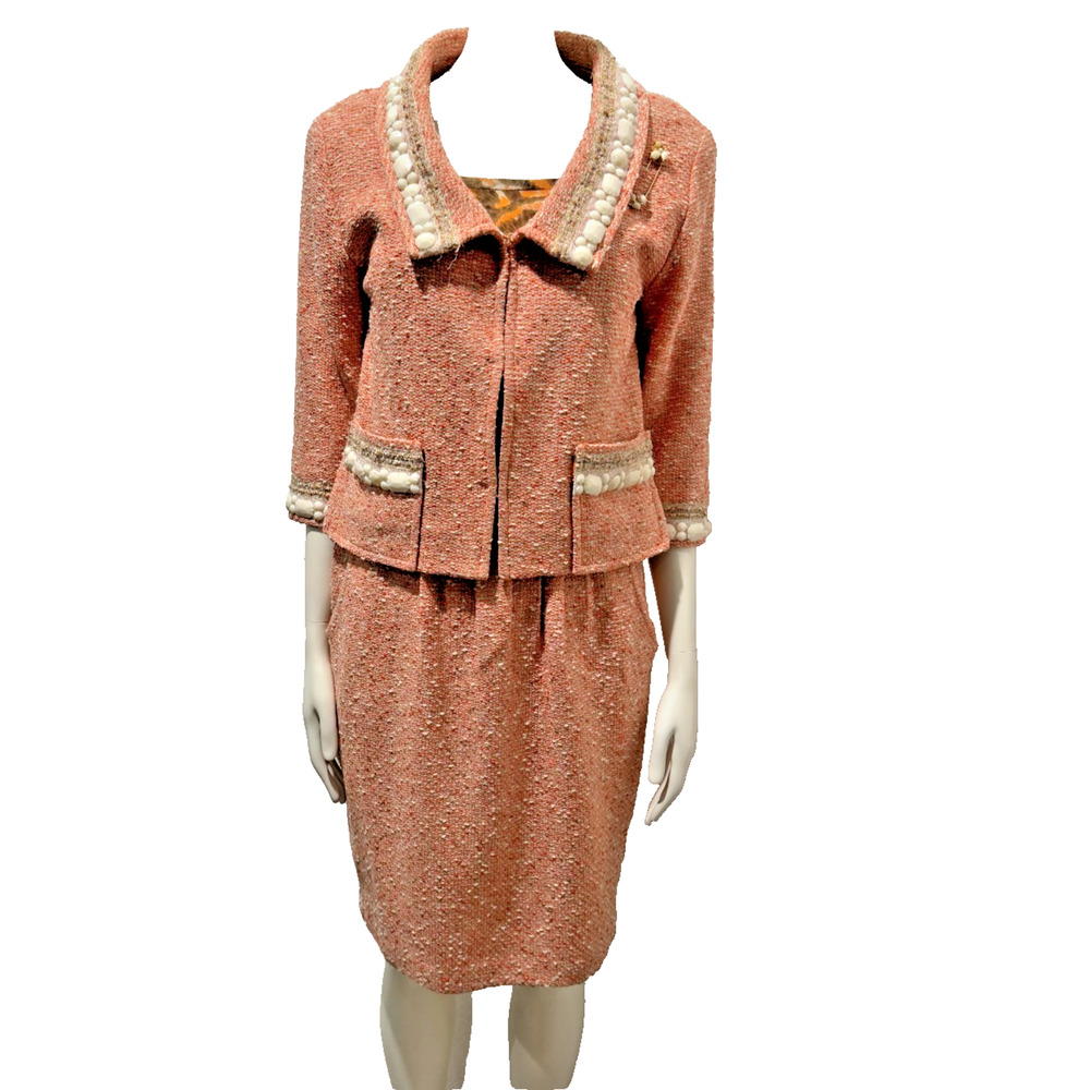 ST JOHN COUTURE Tweed Dress Suit Matching Jacket Peach Animal Print Sz 2 Beaded